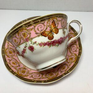 Grace Teaware Pink Butterfly and Floral Motif Porcelain China Teacup and Saucer